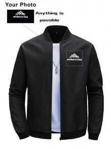 Customized Personalized Clothing Boyfriend Style Men's Stand Collar Zip-Up Long Sleeve Casual Solid Color Sports Jacket With Customized Graphic - Incorporate Your Own Image For Exclusive Personalized Print Reversible Jackets Ideal Gifts For Him, Boyfriend, Family, Friends, For Birthdays, For Vacation/Holiday, For School/Competition, For Sports/Climbing