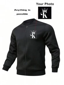 Customized Personalized Clothing Boyfriend Style Men's Stand Collar Zip-Up Long Sleeve Casual Solid Color Sports Jacket With Customized Graphic - Incorporate Your Own Image For Exclusive Personalized Print Reversible Jackets Ideal Gifts For Him, Boyfriend, Family, Friends, For Birthdays, For Vacation/Holiday, For School/Competition, For Sports/Climbing