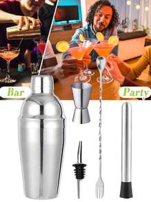 鸡尾酒鸡尾酒杯 6 件套，鸡尾酒调酒器套装调酒师套装带支架 | 酒吧套装饮料搅拌器套装含所有必备配件工具：马提尼酒调酒器、量酒器、过滤器、搅拌勺、捣碎器、倒酒器、用于过滤鸡尾酒饮料的调酒师配件、银色专业不锈钢酒吧工具、搅拌机、不锈钢调酒器、葡萄酒指南、送给父亲的礼物 - 銀色 - 查看 10