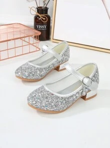 Zapatos de princesa con luz, elegantes y con lentejuelas, de tacón alto, para baile y actuación de niñas - Plateado - Ver 1