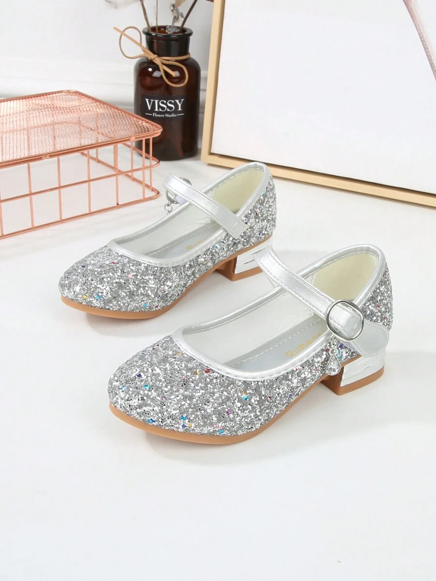 Zapatos de princesa con luz, elegantes y con lentejuelas, de tacón alto, para baile y actuación de niñas - Plateado - Ver 1