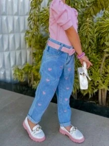 Calça Jeans Menina Bordado de Coração - Lavagem Média - Visão 2
