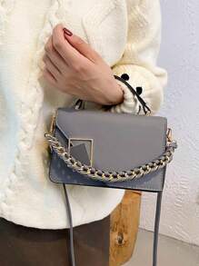 Mini Woven Chain Decor Flap Closure Black Lock Handbag, Women Portable Shoulder Crossbody Bag For Work, Shopping, Travel - Grey - View 6