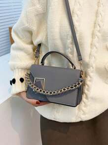 Mini Woven Chain Decor Flap Closure Black Lock Handbag, Women Portable Shoulder Crossbody Bag For Work, Shopping, Travel - Grey - View 2