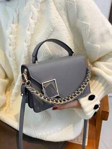 Mini Woven Chain Decor Flap Closure Black Lock Handbag, Women Portable Shoulder Crossbody Bag For Work, Shopping, Travel - Grey - View 4