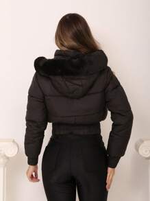 WOMEN'S PUFFER JACKET WITH REMOVABLE PLUSH HOOD - Black - View 3