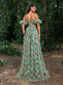 Faeriesty Luxe Back Lace Up Floral Mesh Cake Dress - Green - View 3