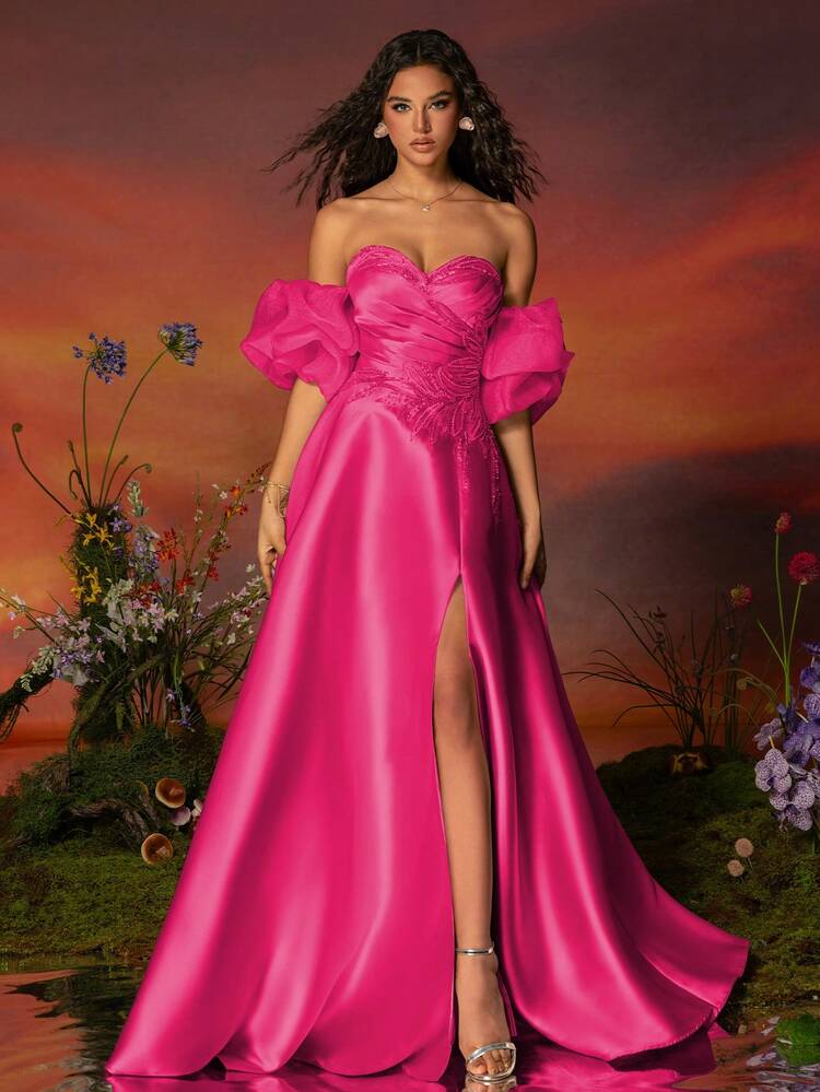 rose gold puff sleeve dress 3D Floral Puff Sleeve Gown by Elizabeth KGL3015