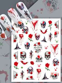 6pcs Halloween Cute Skull, Bat & Pumpkin Cartoon Nail Art Stickers With Classic Elements, 3D Self-Adhesive Nail Decals, Suitable For Women And Girls DIY - Multicolor - View 5