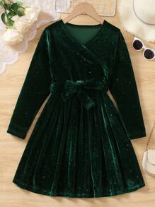 Vestido elegante novo outono para meninas pré-adolescentes, vestido de veludo com decote em V e manga comprida com laço