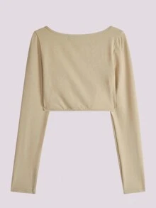 Elegant Two-Piece Set – Sultry Ribbed Long Sleeve & Mermaid Skirt - Khaki - View 3