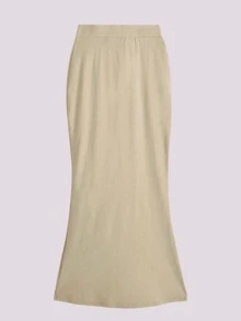 Elegant Two-Piece Set – Sultry Ribbed Long Sleeve & Mermaid Skirt - Khaki - View 2