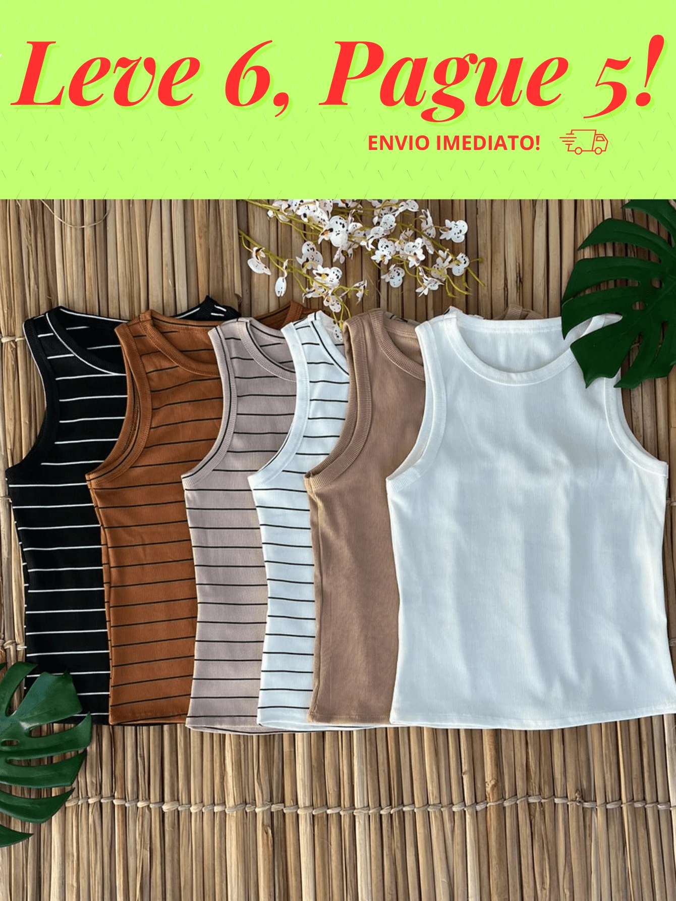 Kit 6 Women's Ribbed Tank Top Plain Striped Basic Blouse Casual T-Shirt Gringa Fashion - White/Beige/BlackLis/White White/Beige Lis/Brown Lis - View 1