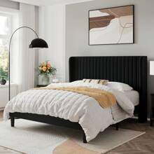 Allewie Full/Queen/King Size Velvet Bed Frame/Vertical Channel Tufted Wingback Headboard/Upholstered Platform Bed/Strong Wooden Slats/No Box Spring Needed/Easy Assembly/Blue/Black/White/Green/Teal/Pink/Grey * Bed Frame Queen Queen Bed Frame Bed Frame Full Full Size Bed Frame King Size Bed Frame Twin Bed Frame Room Decor Home Decor Christmas Decor Bedroom Decor Valentine Day Decor Storage Living Room Decor Furniture House Decor - 黑色 - 查看 2