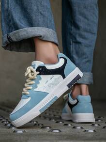 男士小众撞色系带平底一脚蹬滑板鞋，复古拼布图案舒适休闲运动鞋