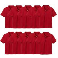 Young Boy 10-Pack School Uniform Tagless Polo Shirts - Red - View 1