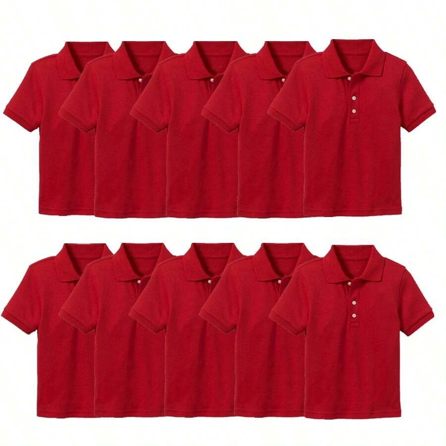 Young Boy 10-Pack School Uniform Tagless Polo Shirts - Red - View 1