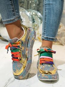 女士耀眼水钻轻便运动鞋，适合派对、跳舞、跑步、休闲，采用可爱熊图案设计，有红色和白色可选，适合秋季