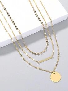 3 件套金色多层圆形铜盘和椭圆形吊坠手工制作链条项链毛衣首饰女士 - 金黃色 - 查看 2