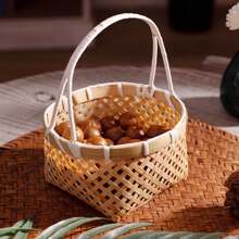 1pc Woven Bamboo Small Basket With Round Handle, Fruit/Snack/Gift Basket - Brown - View 4
