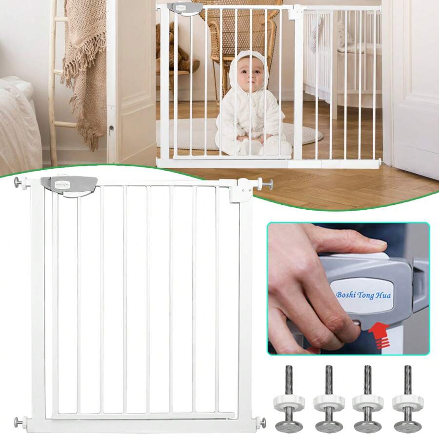 VA-Cerulean Door Gate Without Drilling, White / Black, Widths 75-85cm / 85-95 Cm / 95-105 Cm / 105-115 Cm, Self-Closing, Pet Stair Gate, Stair Gate, Door Gate, One-Handed Opening Metal Gate - 白色 - 查看 1