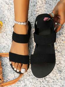 Women's Simple Versatile Fashion Elastic Band Wedge Flat Sandals, Black Round Toe Lightweight Casual Beach Party Indoor Plastic Soft Bottom Slippers, Summer - Black - View 5