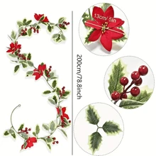 Nathdy 1pc Artificial Christmas Garland - Lifelike Flower And Berry Vine With Lush Green Leaves, Easy To Hang, Perfect For Festive Atmosphere - Ideal For Christmas, Anniversary, Wedding, Birthday, Wall Arch Decor,Christmas - Multicolor - View 2