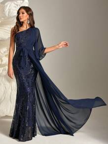 Asymmetrical Neck Solid Contrast Sequin Formal & Evening Dress Elegant Wedding Guest Gown, For Graduation, Dinner Party Dress - Royal Blue - View 1