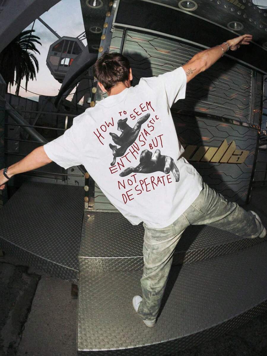 男士夏季字母标语手势印花圆领短袖休闲T恤，emo - 白色 - 查看 1