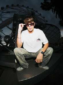 男士夏季字母标语手势印花圆领短袖休闲T恤，emo - 白色 - 查看 2