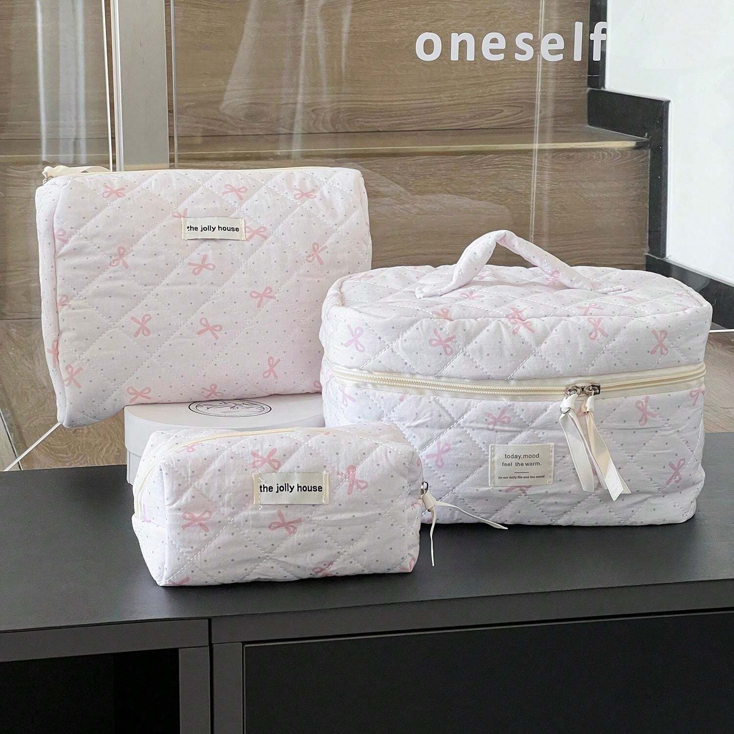 Pink & White Polka Dot Bow Makeup Bag, Fabric Printed Zipper Design