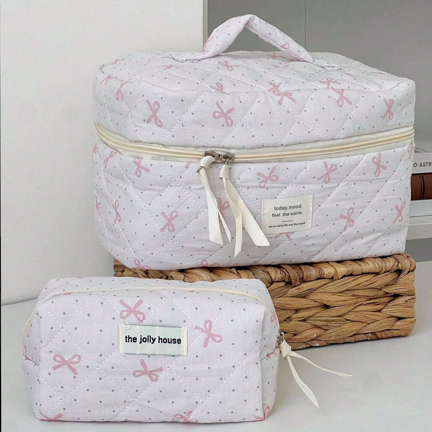 Pink & White Polka Dot Bow Makeup Bag, Fabric Printed Zipper Design