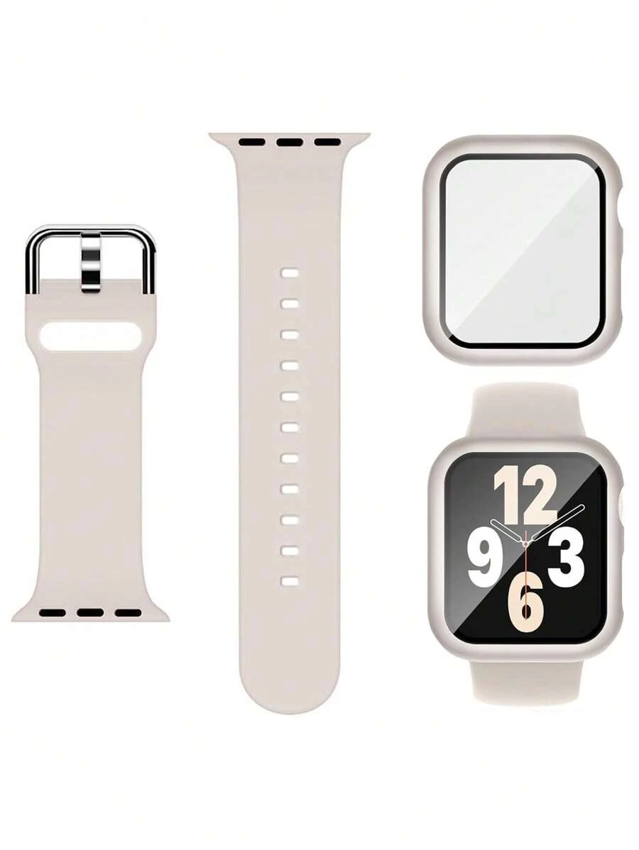 2 件/套星光色男女可爱柔软硅胶运动表带和二合一屏幕保护膜超薄钢化膜手表保护套，适用于 表带 38/40/41/42/44/45/46/49 毫米，Series Ultra/SE/11/10/9/8/7/6/5/4/3/2/1，智能手表表壳配件