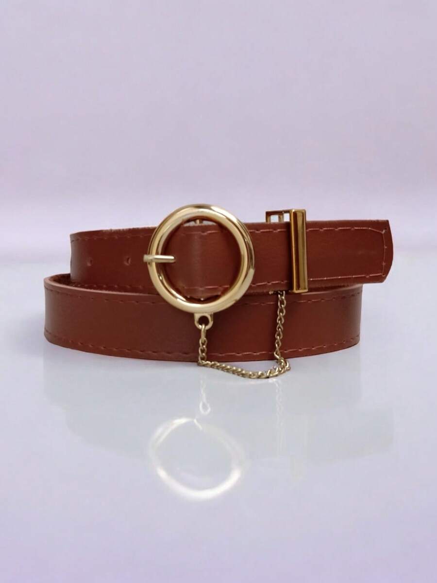 Women's Belt With Round Buckle And Medium Gold Chain. - Lạc đà - Xem 1