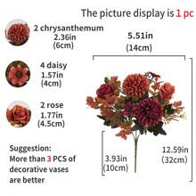 1 pieza Flores artificiales, ramo de flores de seda de rosa crisantemo falso para decoración, centros de mesa de flores de rosa de otoño para decoración de fiesta, boda y hogar en Acción de Gracias - granate - Ver 4