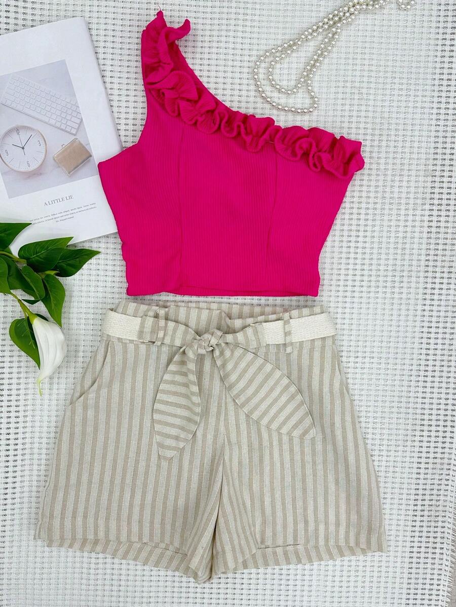 Women's Set Of Ruffled Cropped + Linen Shorts With Belt - 杏色 - 查看 1