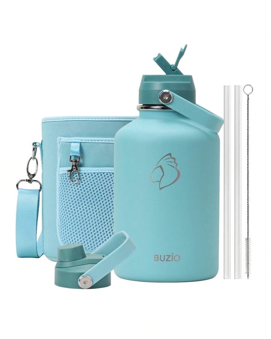 BUZIO Leak Proof Insulated Water Bottle, Stainless Steel Water Flasks With Straw Lid And Carrying Pouch, Keep Cold 48h Double Wall Vacuum Travel Mug Metal Canteen For Fathers Dad Gift - 薄荷綠 - 查看 1