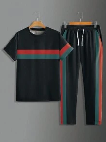 2 件套男士休闲装，优质柔软面料渐变设计短袖上衣和跑步裤套装，流行套装 - 黑色 - 查看 2