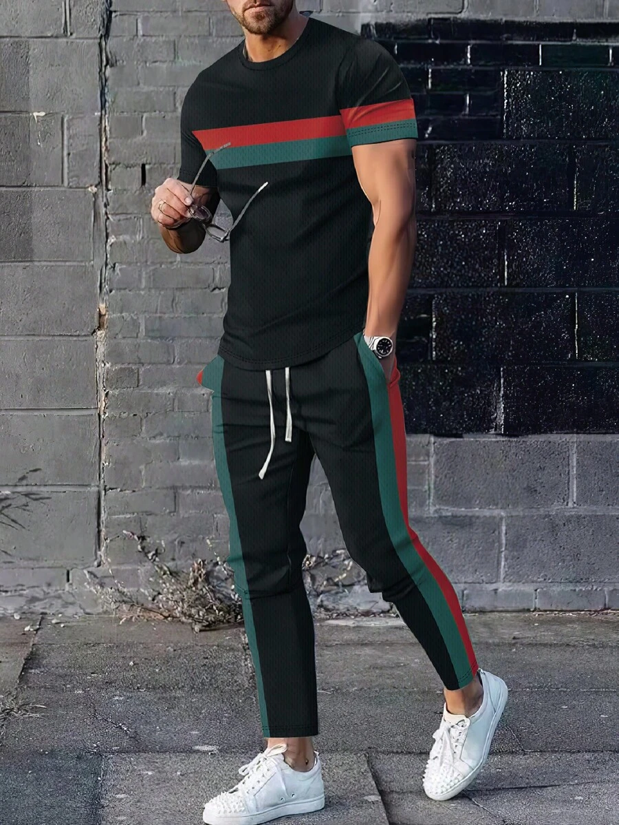 2 件套男士休闲装，优质柔软面料渐变设计短袖上衣和跑步裤套装，流行套装 - 黑色 - 查看 1