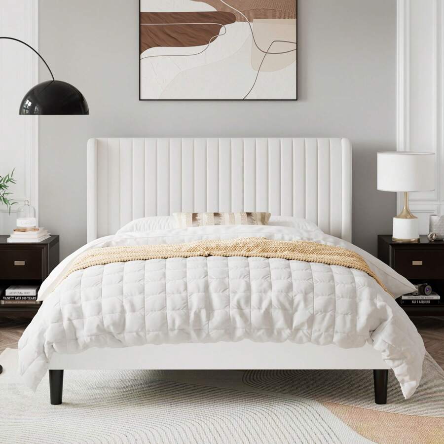 Allewie Full/Queen/King Size Velvet Bed Frame/Vertical Channel Tufted Wingback Headboard/Upholstered Platform Bed/Strong Wooden Slats/No Box Spring Needed/Easy Assembly/White - White - View 1