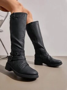 Women'S Camel Fur Lined Knee High Riding Boots Wide Calf - 黑色 - 查看 1
