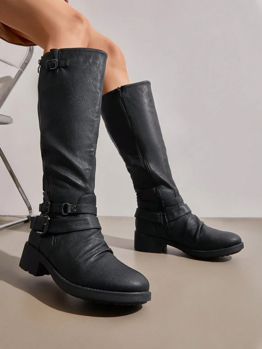 Women'S Camel Fur Lined Knee High Riding Boots Wide Calf - 黑色 - 查看 1