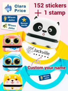152Pcs No Iron Name Stickers For Clothes, 1pc Custom Name Cartoon Signature Stamp For Kids, Cartoon Pattern Name Stamps Personalized, DIY Customized Cartoon Self Inking Name Stamp, Stamps For Signing Name, Name Stamp For Clothing Kids Waterproof