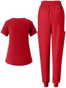 女士慢跑磨砂弹力运动护士制服洗手衣工作服口袋服透气洗手衣套装 - 紅色 - 查看 2