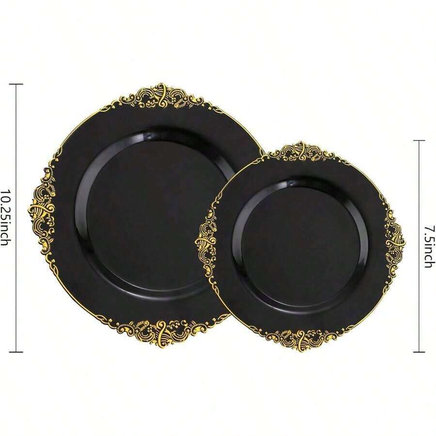 25pcs (10.25in/7.5in) Black Dragon Pattern Dinner Plates For Fruit
