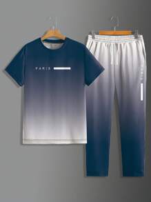 2pcs Men's Premium Soft & Comfortable Ombre Casual Round Neck Short Sleeve T-Shirt & Jogger Pants Set, Popular Outfit