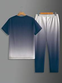 2pcs Men's Premium Soft & Comfortable Ombre Casual Round Neck Short Sleeve T-Shirt & Jogger Pants Set, Popular Outfit