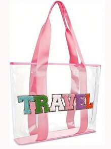 1 件粉色沙滩托特包大容量防水 PVC 手提包学院风可爱女士女孩旅行雪尼尔 STUFF TRAVEL 字母包透明带手柄适合游泳旅行体育场夏季泳池派对