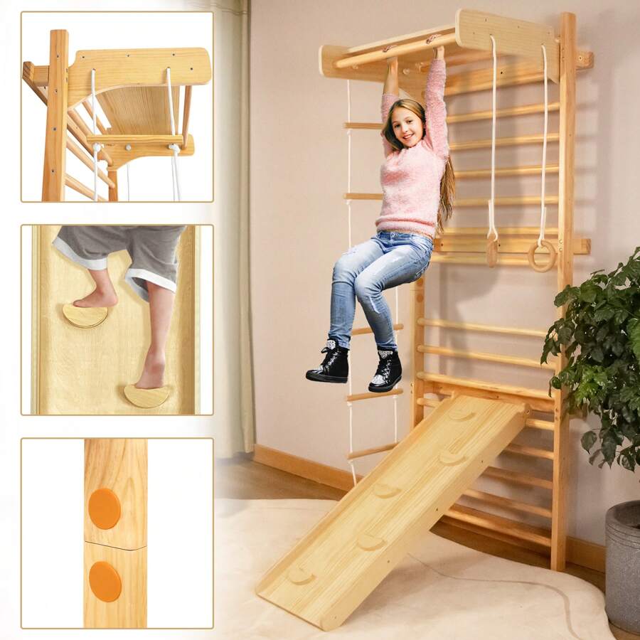 VA-Cerulean Wooden Wall Bars - Gymnastics Wall, Climbing Wall, Climbing Frame For Indoor Fitness, 215 X 82 X 6 Cm, Home Sports Equipment Up To 100 Kg, With Bar, Gymnastic Rings, Slide, Rope Ladder - Apricot - View 1