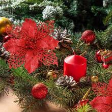 2st/6st/10st Glitterjulstjärnor konstgjorda blommor, flerfärgade ihåliga glitterjulstjärnor julgransprydnader (med clips), juldekorationer, jultillbehör, julgran, krans, glänsande julstjärna juldekorationer, DIY julkrans, festdekoration, jul - Röd - Visa 7